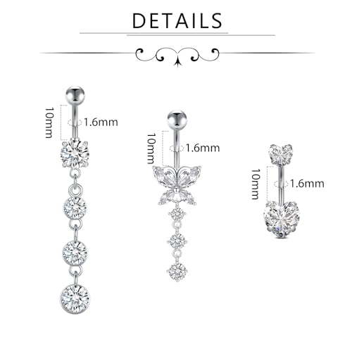 D.Bella Belly Rings for Women Belly Button Piercing Clicker Belly Button Ring Belly Button Rings Dangling 14G Surgical Steel CZ Butterfly Dangle Belly Piercing Jewelry Silver Rose Gold3