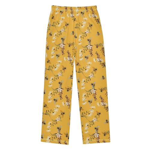 Spring Bee Floral Boys Long Pants Soft Trousers Elastic Waist Kids Lounge Bottoms with Pockets S-XL
