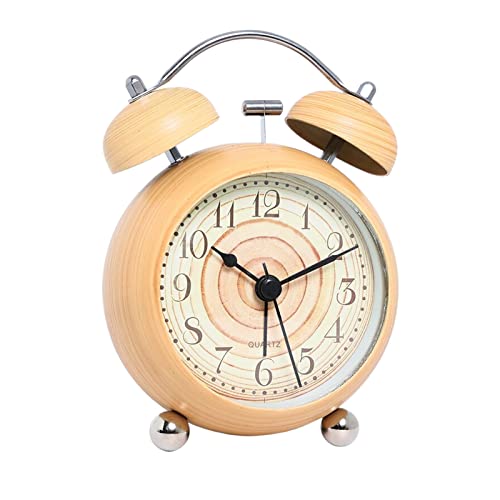 Justup Silent Table Alarm Clock, 3.5 Inch Creative Wood Grain Metal Clock With Backlight, Battery Powered Analog Clock With Hd Glass, Decor Twin Bell Clock For Bedroom Living Room Office (Khaki) #TOP1