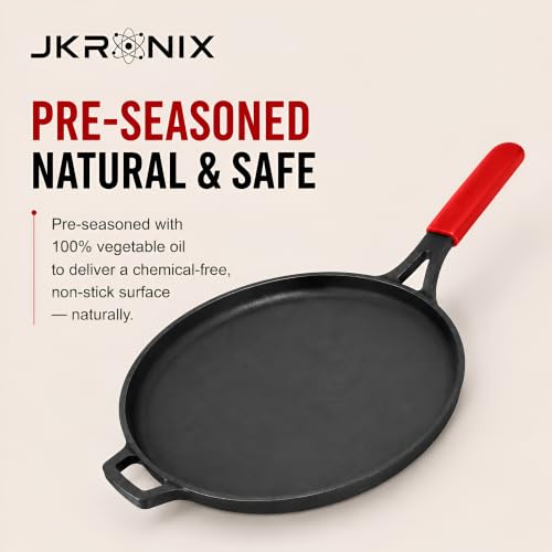 Image of Pre-Seasoned Cast Iron Dosa Tawa with Long Handle & Silicone Grip, 28 cm, Naturally Non-Stick Cookware for Roti, Chapati, Chilla & Uttapam, Heavy Duty Griddle, Gas Stove & Induction Compatible