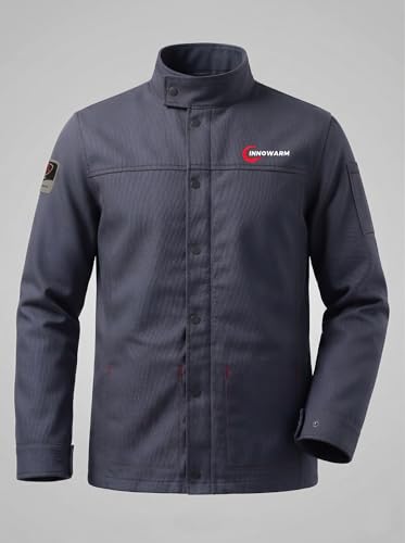 INNOWARM FR Welding Jacket for Men 9.5 oz 100% Cotton Flame Resistant Work Jacket NFPA 2112 Compliant Reflective Back Strip Adjustable Waist