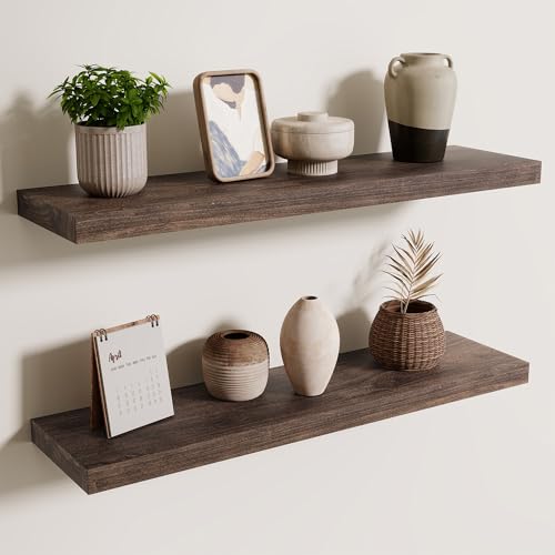 Image of Floating Shelves for Wall, 30in Reclaimed Elm Wood Shelves, Walnut, 2PCs