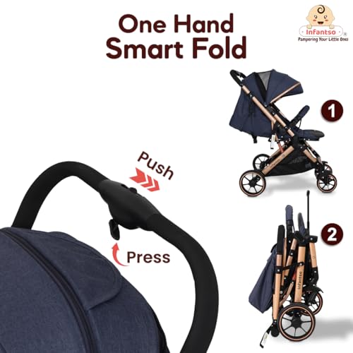 Image of Infantso GlideX Premium Baby Stroller / Pram, Reversible Handle, One-Hand Fold and 360 Rotating Wheels,, Travel Friendly, 5 Points Safety Harness, Extendable Canopy, Multilevel Recline, Adjustable Footrest, Easy Fold, Shock Absorption Wheels, for babies 0 to 3 years ( Golden Blue )