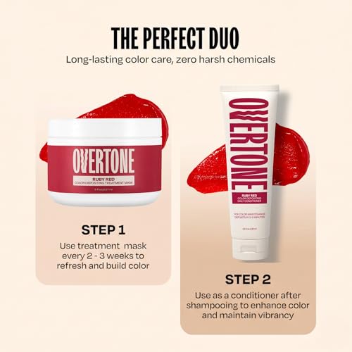 Image of Overtone Semi Permanent Hair Color Conditioner, Ruby Red, 8 oz, Nourishing, Damage-Free, Color Depositing Mask for All Hair Types with Shea Butter & Coconut Oil, Vegan & Cruelty-Free
