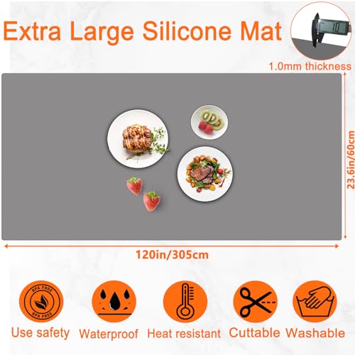 Image of 120 inch x24''(305cmx60cm) Extra Large Silicone Mat for Kitchen Counter, Heat Resistant Countertop Protector, Non-Slip Waterproof Kitchen Island Mat, Easy to Clean, Dark Gray