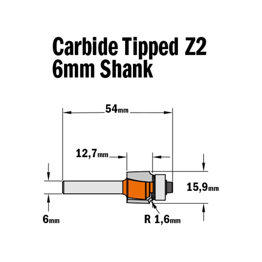 CMT POMARAŃCZOWE TOOLS 738.160.11 - PRZĘDZIAŁ KOŁOWY M/ŁODNIESIENIE HM S=6 D=15.9 R=1.6