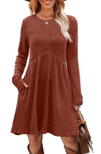 Image of OFEEFAN Long Sleeve Dress for Women Crew Neck Empire Waist Tunic Dress with Pockets