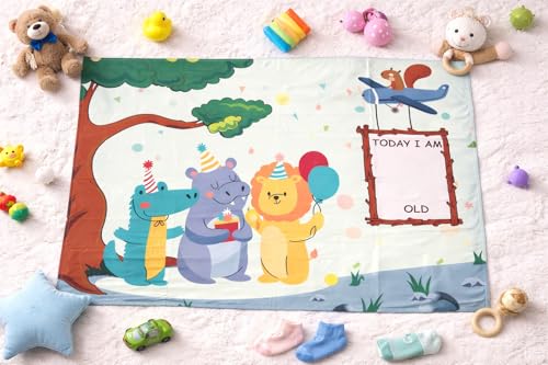 Image of Growth Keepsake Baby Blanket 51 * 43 Inch Jungle Theme Monthly Age Marker Blanket Cute Animal Party Printed Background Washable Foldable Play Mat for Infants