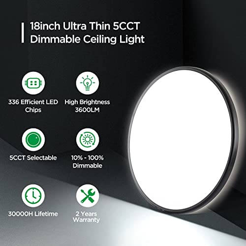 18 Inch Black Flush Mount Led Ceiling Light Fixture For Living Room Dining Room Kids Room 36W Ultra-Thin 5Cct-In-1 Round Surface Mounted Fixture Brightness Dimmable Equivs To 260W Traditional Led Bulb #TOP1