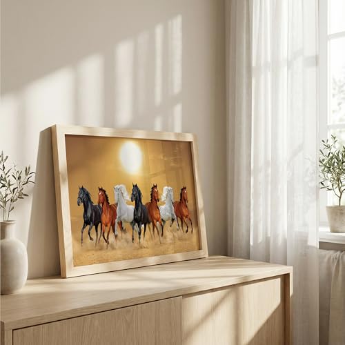 Image of Suneree 7 Horse Vastu Wall Painting - Running Horses Golden Desert Landscape Framed Wall Art for Living Room & Office Decor (Natural, Design 13, 13x19 Inch)