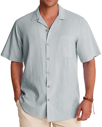 Image of Alimens & Gentle Mens Linen Shirts Cotton Hawaiian Shirts Short Sleeve Button Down Shirts Casual Summer Beach Tops