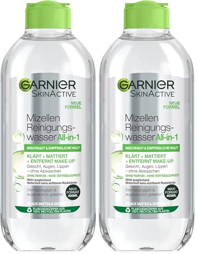 Garnier Mizellen Reinigungswasser/Gesichtsreinigung für Mischhaut und empfindliche Haut (Optimale Verträglichkeit - ohne Parfüm) 1x 400 ml (Packung mit 2)