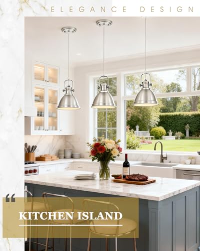 Image of Pendant Lights Kitchen Island, 8 inch Farmhouse Hanging Lights Fixtures with Metal Shade, Rustic Kitchen Pendant Lighting Over Island for Dining Room, Brushed Nickel, AD-2151-1PM-SN