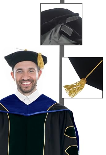 Image of Deluxe Graduation Doctoral Gown Doctoral Hood and Tam 8 Sided Package with Gold Piping Doctoral Regalia
