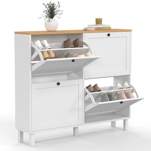 IDMarket - Meuble à Chaussures 20 Paires Achille 4 Portes Blanc et Plateau Bois