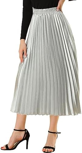 Allegra K Dames elastische taille party metallic glanzende accordeon geplooide midi-rok, Zilverkleurig., L