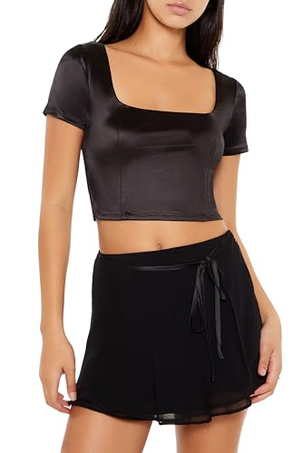 Forever 21 Women's Satin Square-Neck Crop Top Black