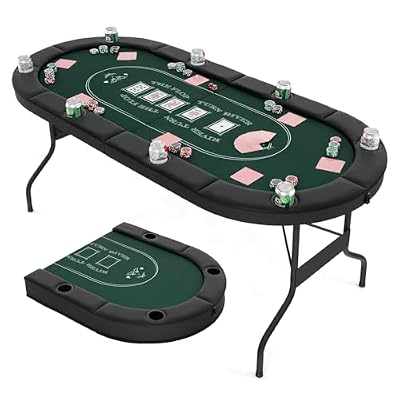 COSTWAY Mesa de Póker Plegable para 8 Jugadores, 182 x 82 x 75 cm, Mesa de Poker Ovalada con Portavasos Metálicos Profundos, Barandillas Acolchadas, Casino Fiestas (Verde)