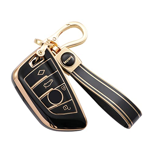 Image of Keyzone TPU car Key Cover Compatible for BMW X1, X3, X6, X5, 5 Series, 6 Series, 7 Series 4 Button Smart Key (Type2) (Gold Black with Gold Black Keychain)