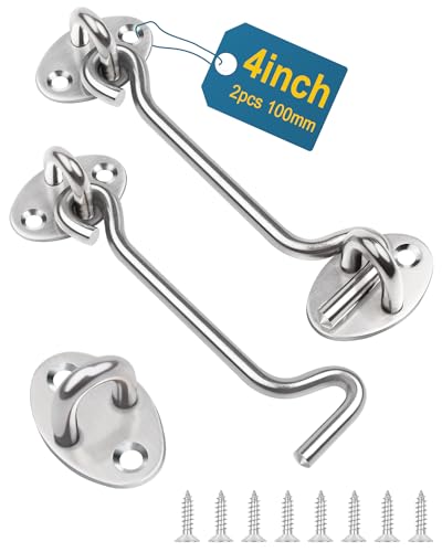 4 Inch Hook and Eye Latch, Leryati 2Pcs 100mm Silver Gate Hook Stainless Steel Cabin Hooks, Eye Latch Door Lock Hooks Lock, Apply to Wooden Gates, Window Brace Gate Door Catch