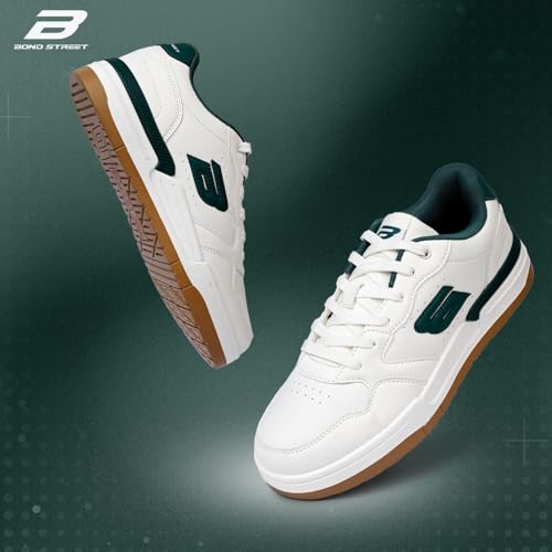 Image of Bond Street Men's White & Green Casual Sneakers | PU Upper Lace-Up Shoes for Men | Lightweight Footwear with Durable PVC Sole | Stylish & Comfortable Men's Fashion Sneakers