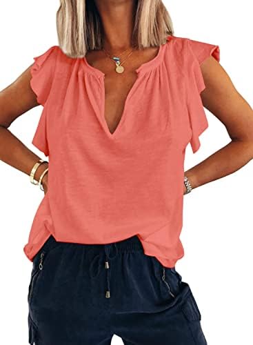 Women Ruffle Sleeve Tops Summer V Neck Cap Sleeve Shirts Tank Tops Tunic Orange M