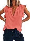 Women Ruffle Sleeve Tops Summer V Neck Cap Sleeve Shirts Tank Tops Tunic Orange M