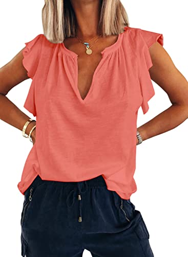 Women Ruffle Sleeve Tops Summer V Neck Cap Sleeve Shirts Tank Tops Tunic Orange M #TOP2