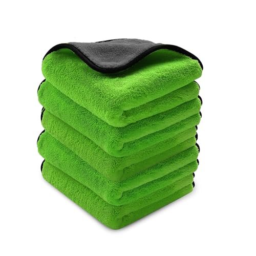 Image of Auto Hub Heavy Microfiber Cloth for Car Cleaning and Detailing, Double Sided, Extra Thick Plush Microfiber Towel Lint-Free, 800 GSM (Size 40cm x 40cm) /Pack of 5, Color: Green