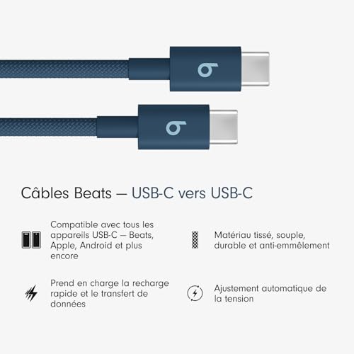 Beats USB-C vers USB-C Câble tissé, charge rapide, durable/anti-nœuds, chargeur compatible pour les appareils Apple et Android (1,5 m) - Bleu nitro