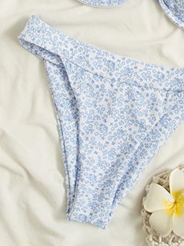 Wdirara Women's Floral Print Underwire Bikini Swimsuit 2 Piece Bathing Suits Swimwear Blue M #TOP4