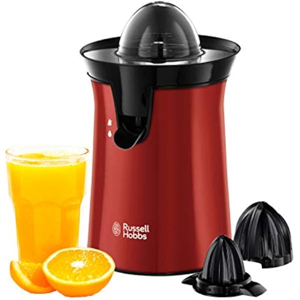 Russell Hobbs wyciskarka do soku, 2 stożki do wszystkich rodzajów cytrusów, start pod wpływem nacisku, funkcja blokady kapania, schowek na przewód, moc 60W, czerwony, Colour Plus 26010-56