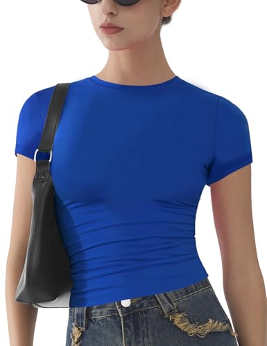 Image of Womens Basic Short Sleeve Slim Fit T Shirts Soft Crewneck Crop Y2k Tees Summer Stretchy Cute Tops Royal Blue XS