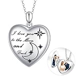 Medaillon mit Kette 925 Sterling Silber Herz Amulett zum Öffnen I Love You to The Moon and Back Herz Rücken Graviert Anhänger Kette Bilder Foto Amulett Halskette