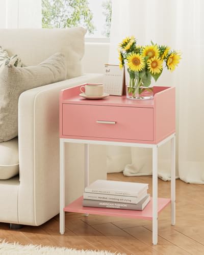 Image of Masupu Nightstand,Bedside Table 3-Tier Modern Night Stand with Storage Drawer and Shelf,Small End Side Table for Bedroom,Living Room,Black (Without Outlet, Pink)