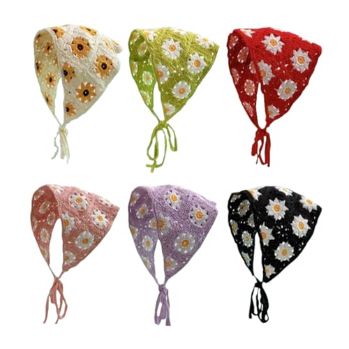 Snadulor 6 Pcs Floral Crochet Hair Bandanas,Boho Crochet Hair Bandana,Knitted