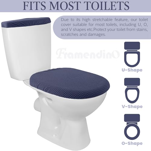 Framendino, Navy Blue Toilet Lid Cover and Tank Cover Stretch Toilet Covers Set With Elastic Bottom for Bathroom Decor