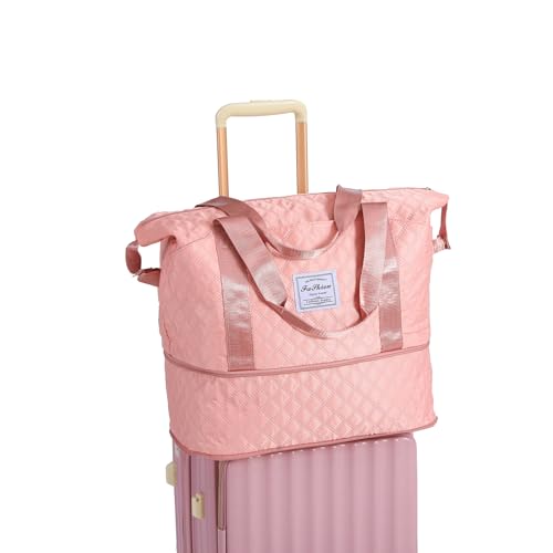 Lightweight Expandable Waterproof Travel Tote Bag for Women - Diamond Quilted Weekender Duffle Bag Carry On, Airplane Approved Overnight Bag, Durable Family Vacation Essentials (Pink)