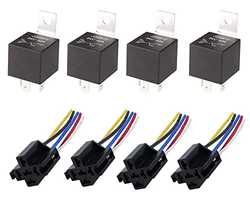 JD2912 24V 40A SPST 4-Pin Car Relay with Socket, 4-Pin Car Engine Relay with Wires, Switch Relay Flasher Relay Pack of 4