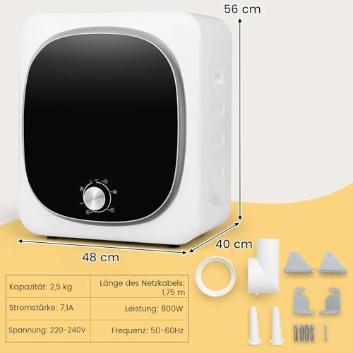 FANTASK Mini Wäschetrockner 5KG, 5 Programme, bis zu 69℃, Ablufttrockner mit Überhitzungsschutz und Mehrfachfiltration, Trockner, 800W
