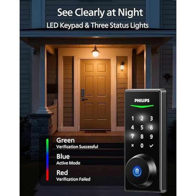 Philips Fingerprint Keyless Entry Door Lock, Electronic Door Lock with Touchscreen, Long-Lasting Battery, Auto Locking, One-Time Code, Keypad Deadbolt, One-Touch Locking, Matte Black