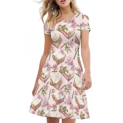 Image of POLERO Women Puffy Swing Elegant Party Midi Dresses Short Sleeve Round Neck A-Line Dress