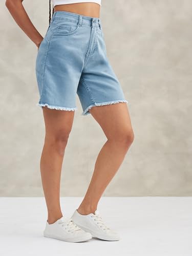 Image of Dolce Crudo Women's Relaxed Fit Mid-Rise Denim Shorts with Adjustable Waist & Frayed Hem