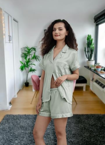 Womens Silk Satin Pajamas Loungewear Two-Piece Sleepwear Button-Down Floral Pj Set XS-4XL4