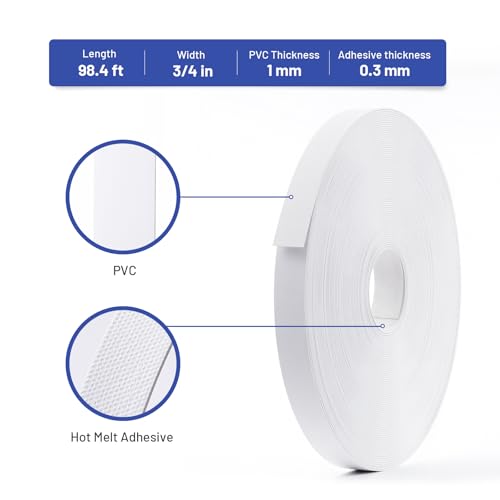Image of PVC Edge Banding 3 /4 inch x 100 ft Veneer Edge Banding White with Hot Melt Adhesive Pre - glued Iron on Edging Tape Trim for Cabinet Plywood Repairs and Furniture Restoration