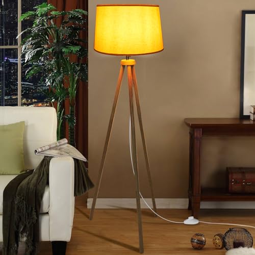 CCLIFE Modern Stehlampe LED Holz Standleuchte Stehleuchte Stoffschirm Schwenkbar E27 für Schlafzimmer Esszimmer Hotel Flur Halle, Farbe:Beige-Lampeschirm