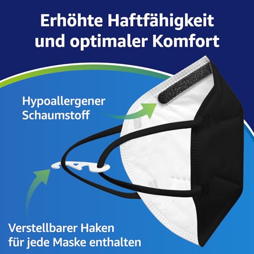 ADESTE – 50x FFP2 NR D Maske, Hygienische 5-lagige Staubschutzmaske, EN149:2001+A1:2009 Mundschutzmaske EU2016/425, Schwarz, Atemschutzmaske, Einzelne versiegelte Beutel