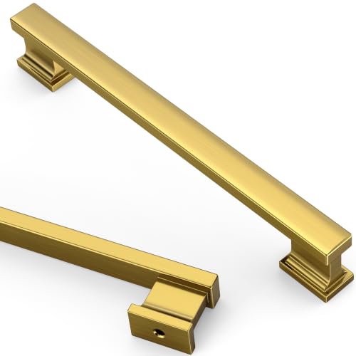 Asidrama 10 Pack 6.3 Inch(160mm) Vibrant Brushed Moderne Brass Cabinet Pulls Heavy-Duty Solid Kitchen Cabinet Handles Drawer Hardware for Bathrooms Cabinets 2891