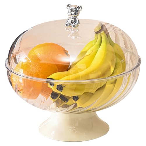 Frutero con tapa, frutero grande de 9,7 x 9,5 pulgadas, cesta de fruta transparente con orificios de drenaje, cuenco decorativo con pedestal para encimera de cocina, aperitivos de pan y verduras,
