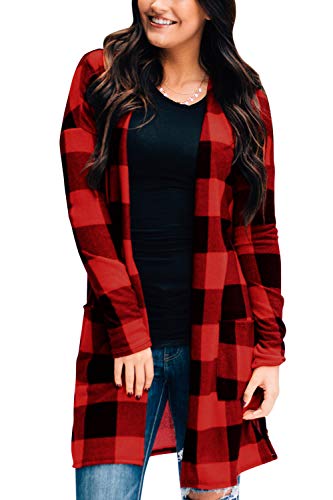 Plaid Warm Cardigan Women's Long Sleeve Kimono Casual Christmas Open Front Cardigan Red Xxl #TOP21